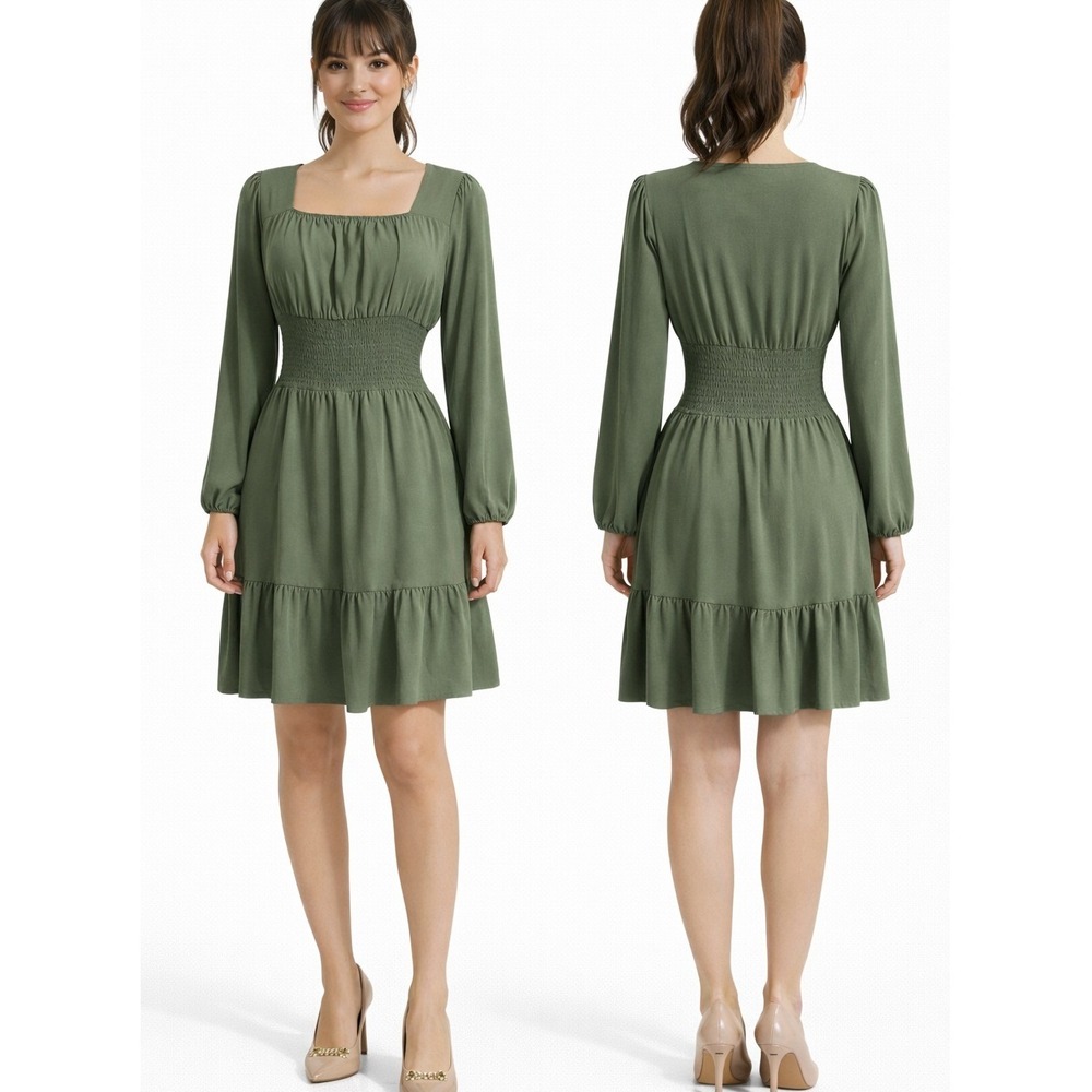 Mini Dress Hesperus Womens Olive Green Smocked Waist Square Neck Long Sle size M